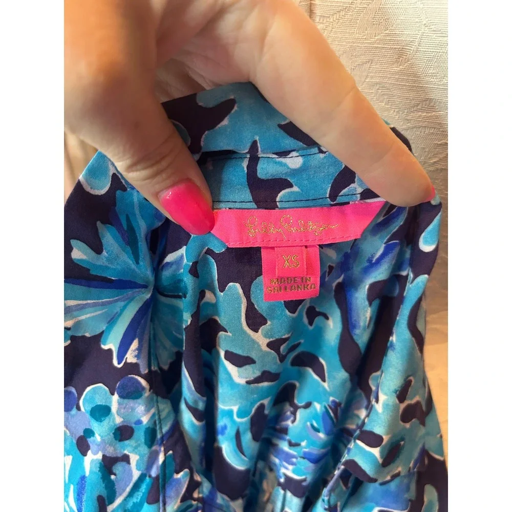Lilly Pulitzer Blue‎ Floral Coral Print Rayon Button Down Shirt Dress XS Beach